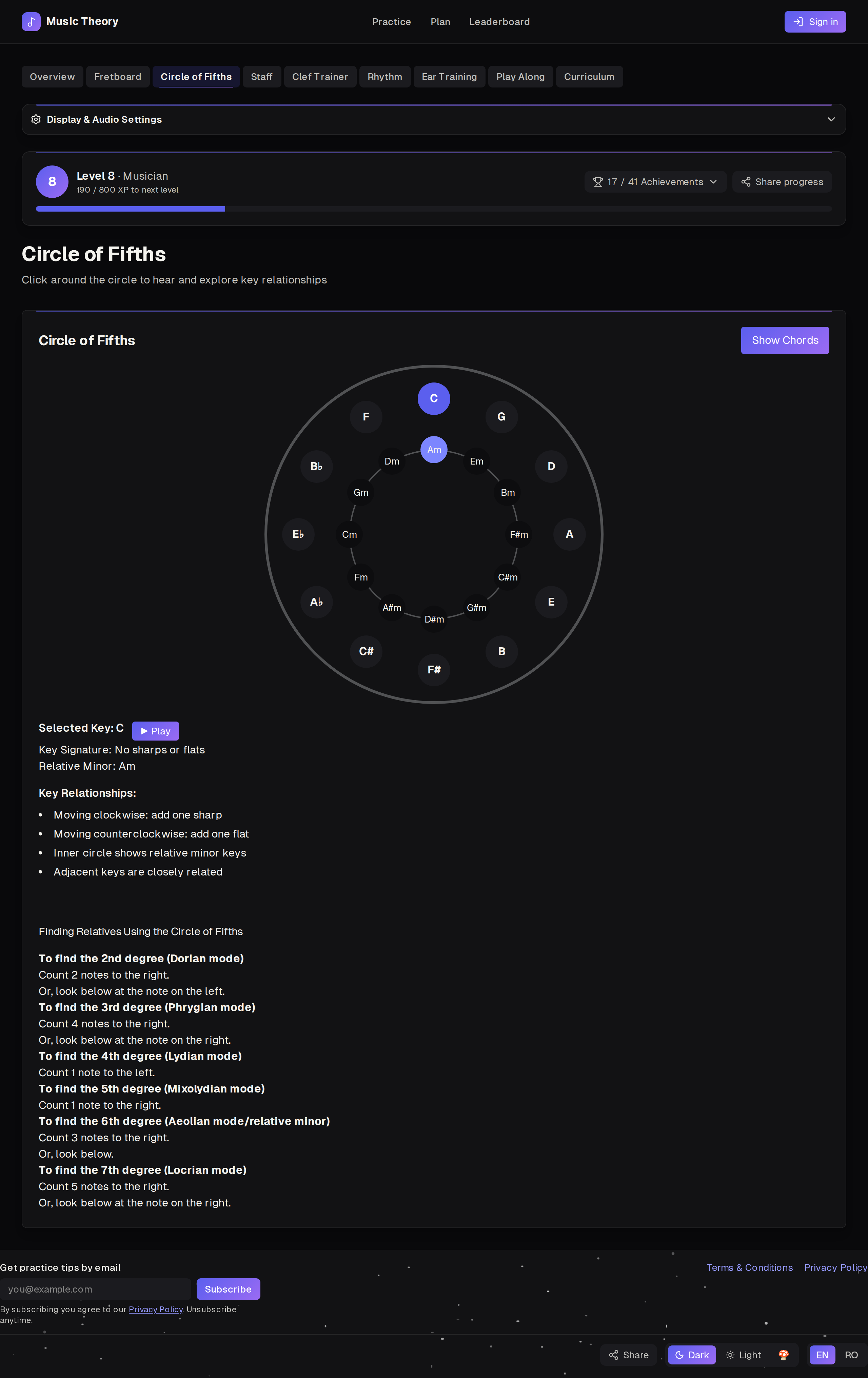 Circle of Fifths diagram with chord mode enabled