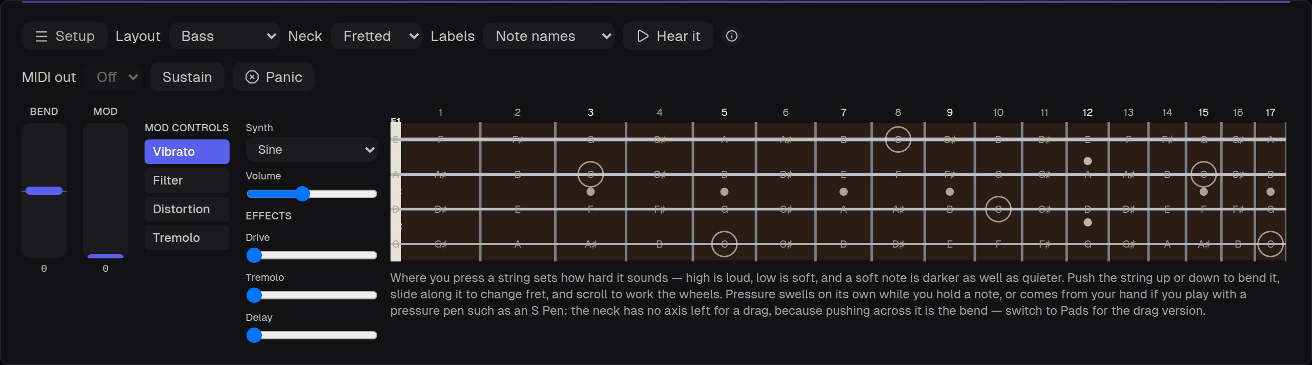 The bass neck with note names on every fret