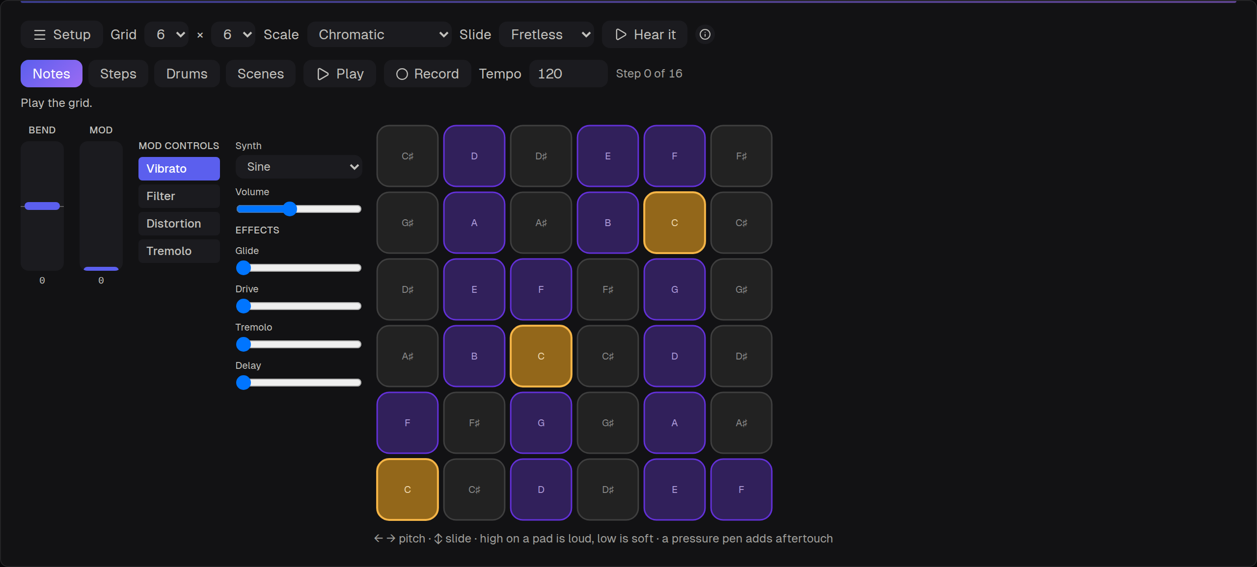 The pad grid in Notes mode, lit by musical role