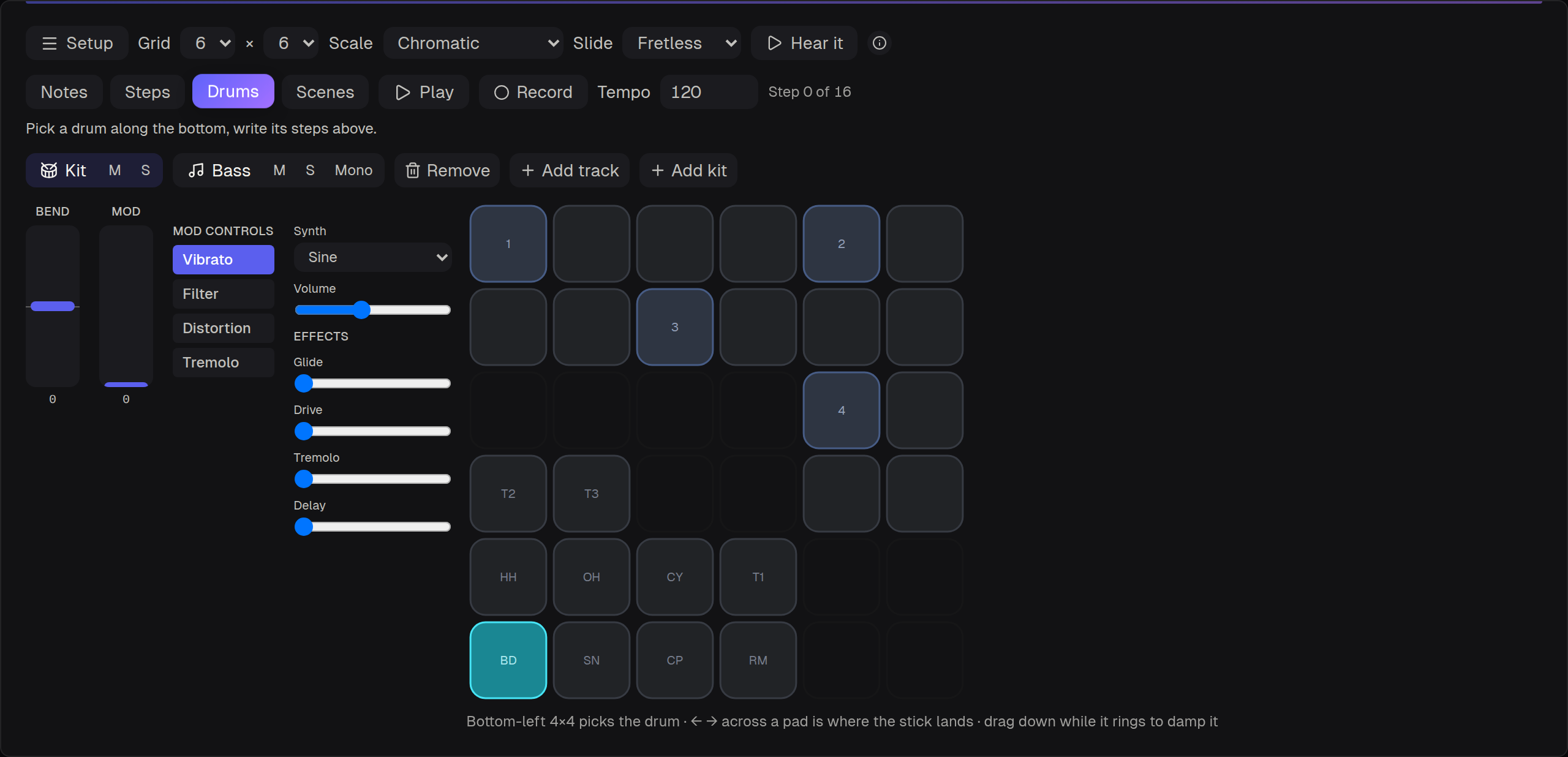 The pad grid in Drums mode with the 4×4 kit bank bottom left