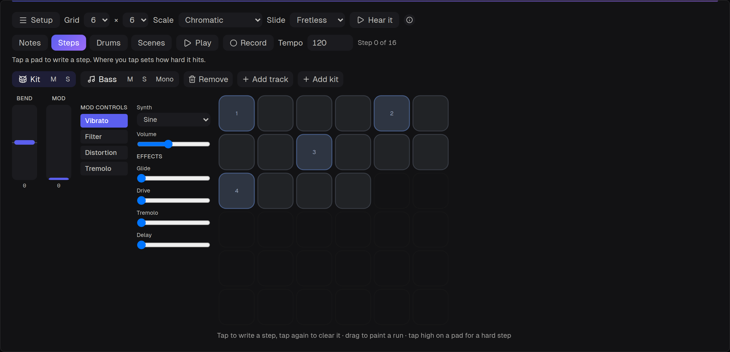 The pad grid in Steps mode, writing a pattern