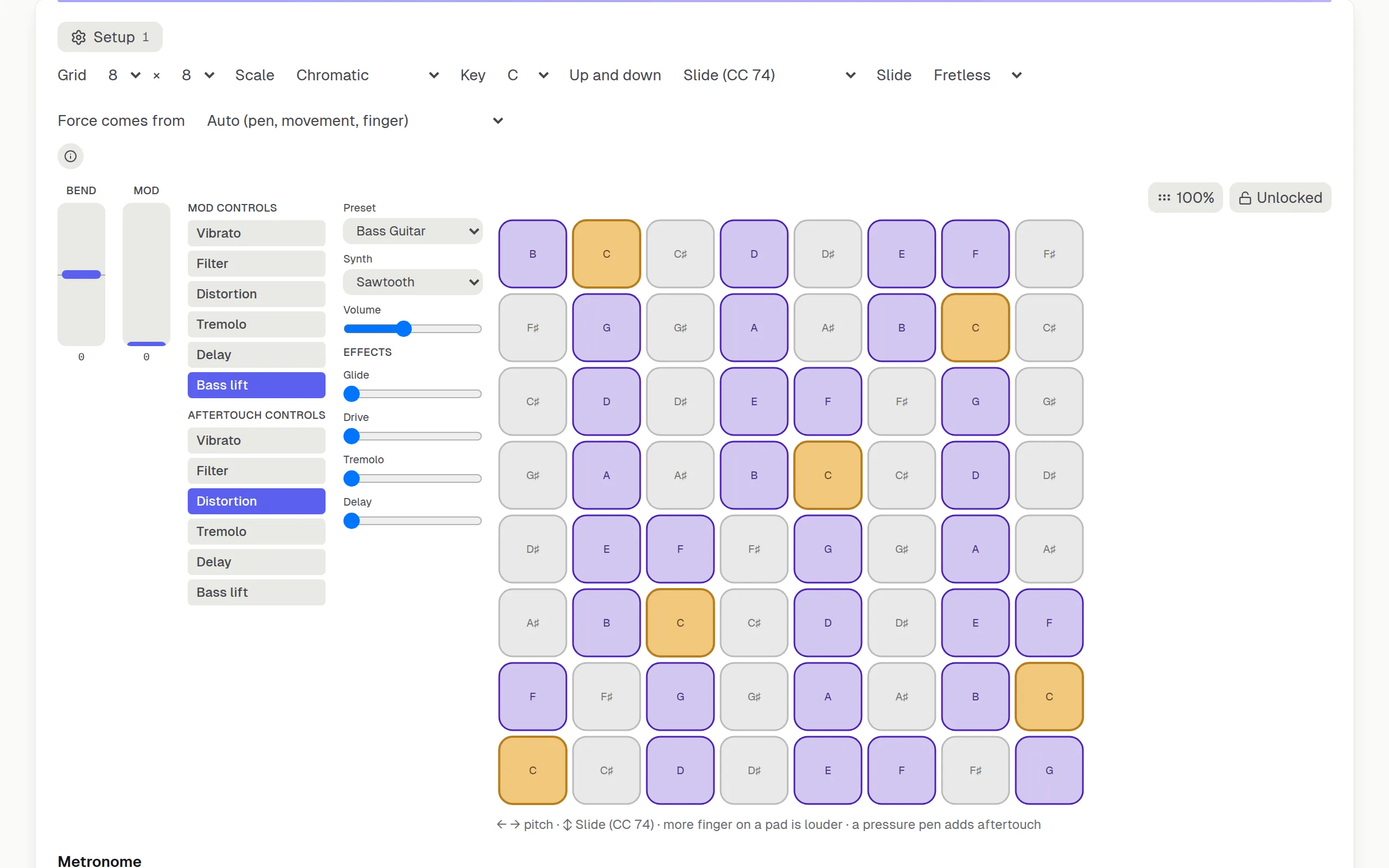 An 8×8 pad grid, lit by musical role