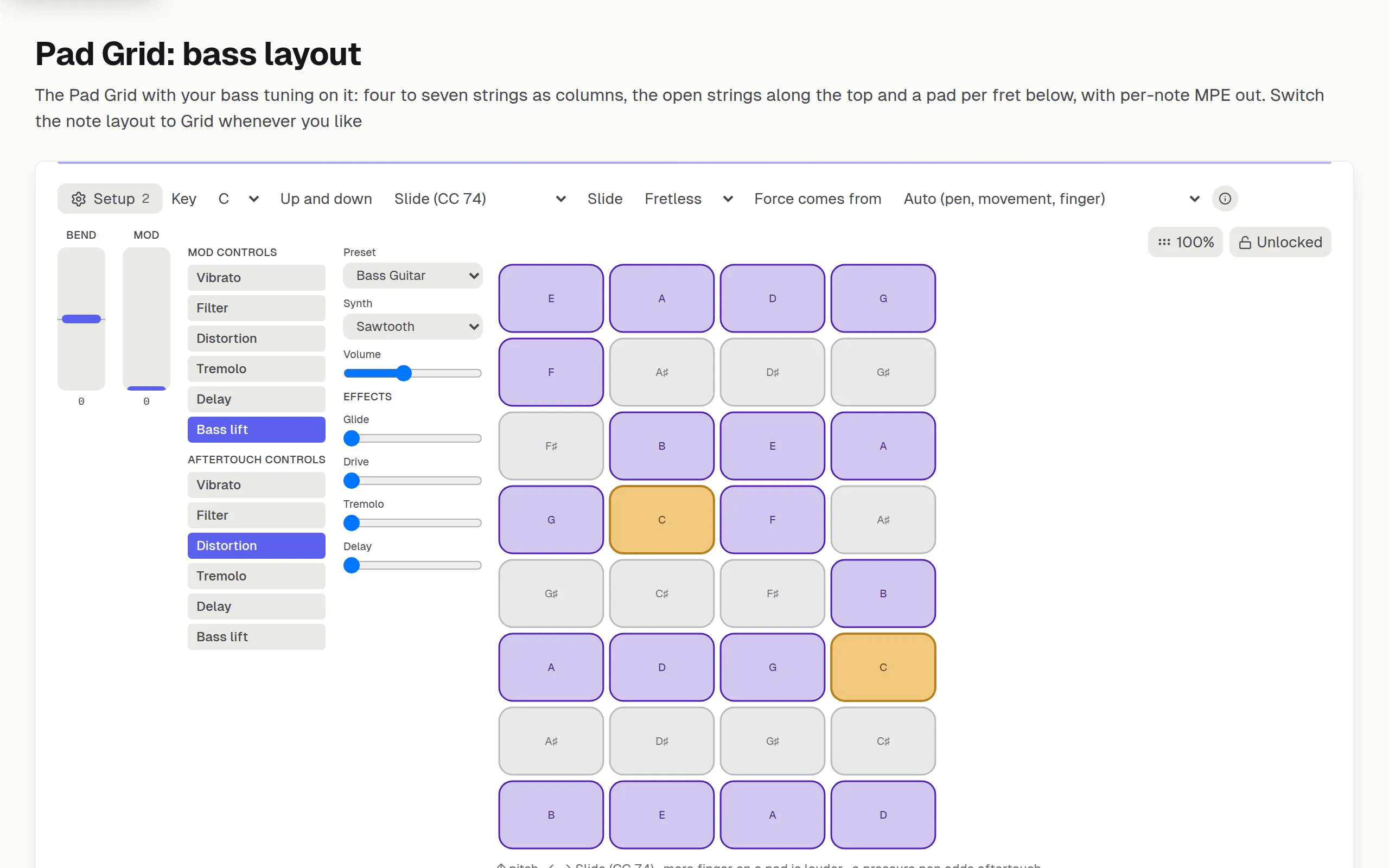 The bass note layout: one column of pads per string, a pad per fret