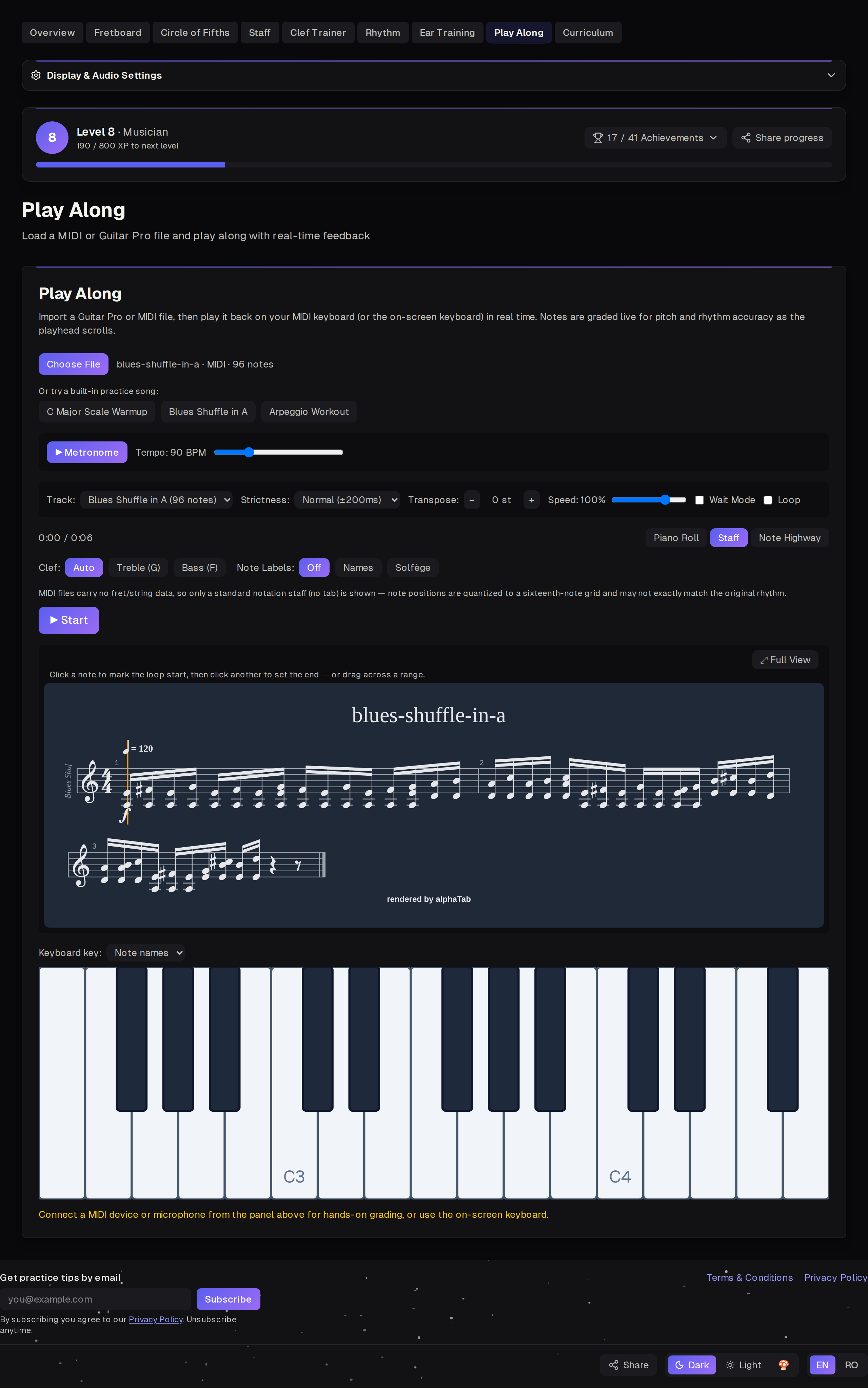 Play Along showing a loaded song in staff-and-tab notation with live playback controls