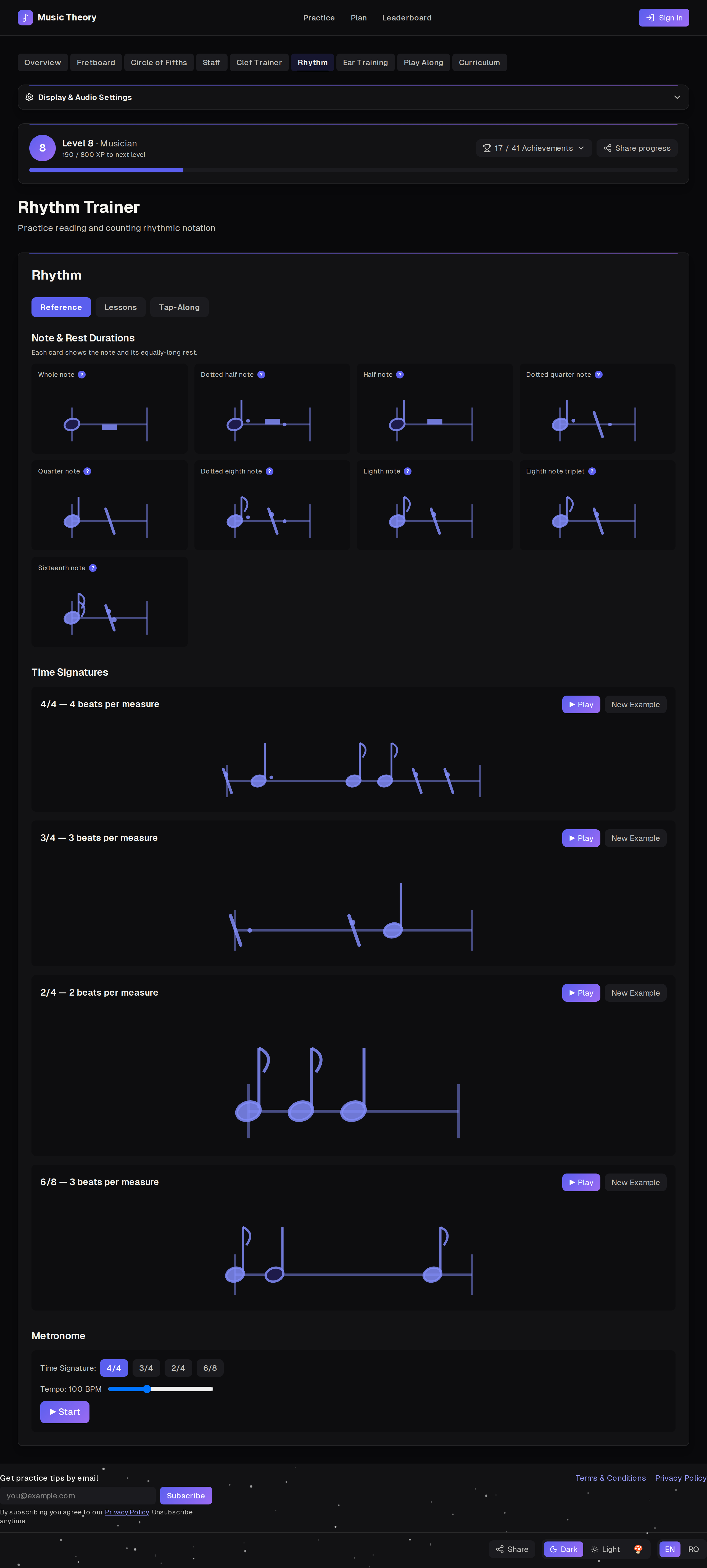 Rhythm trainer showing note durations, time signatures, and metronome controls