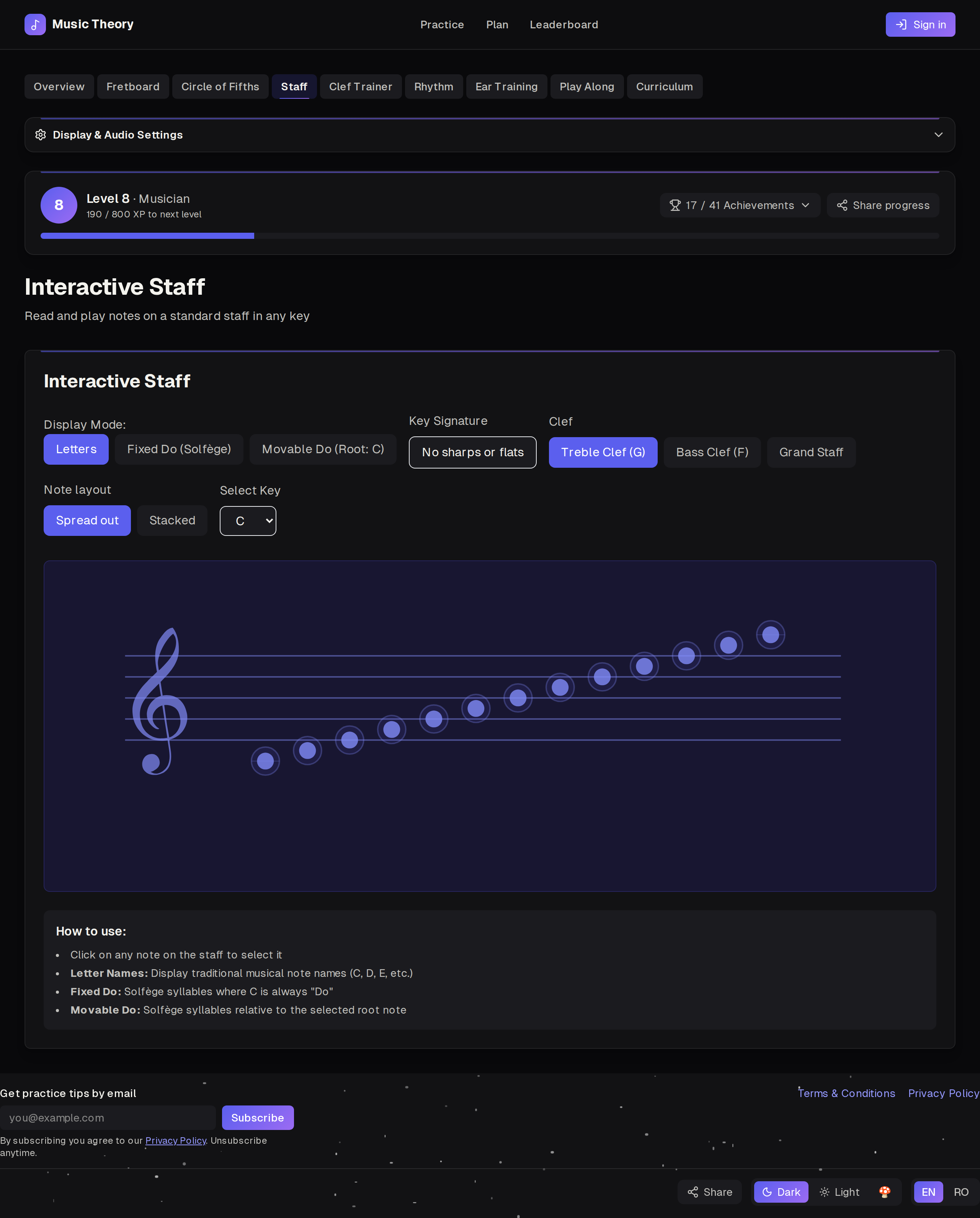 Interactive staff notation component with clef toggle